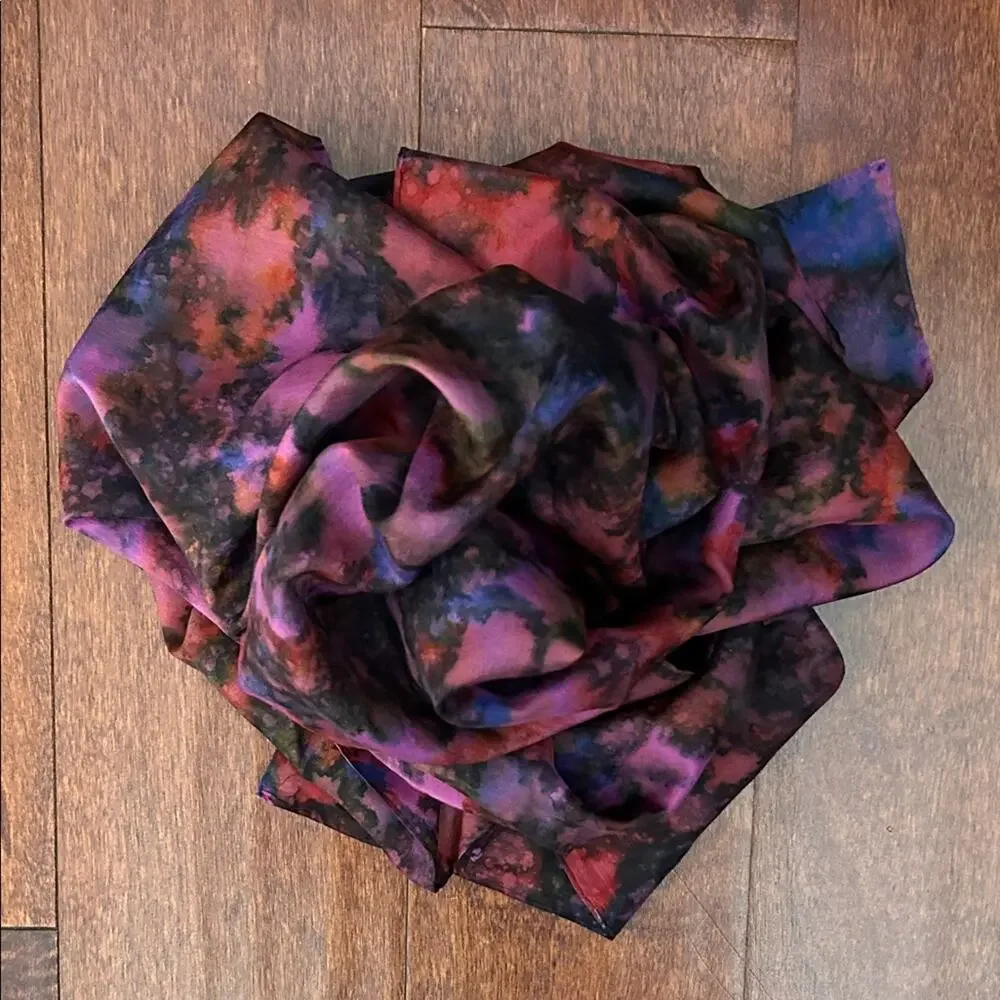 Whimsigoth Vibrant Multicolor Abstract Silk Scarf in Deep Purple Tones